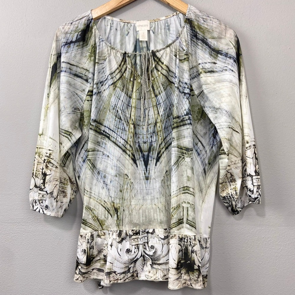 Chicos Abstract Print Mesh Peasant Blouse Size XL 3 Boho Southwestern Artsy Y2K